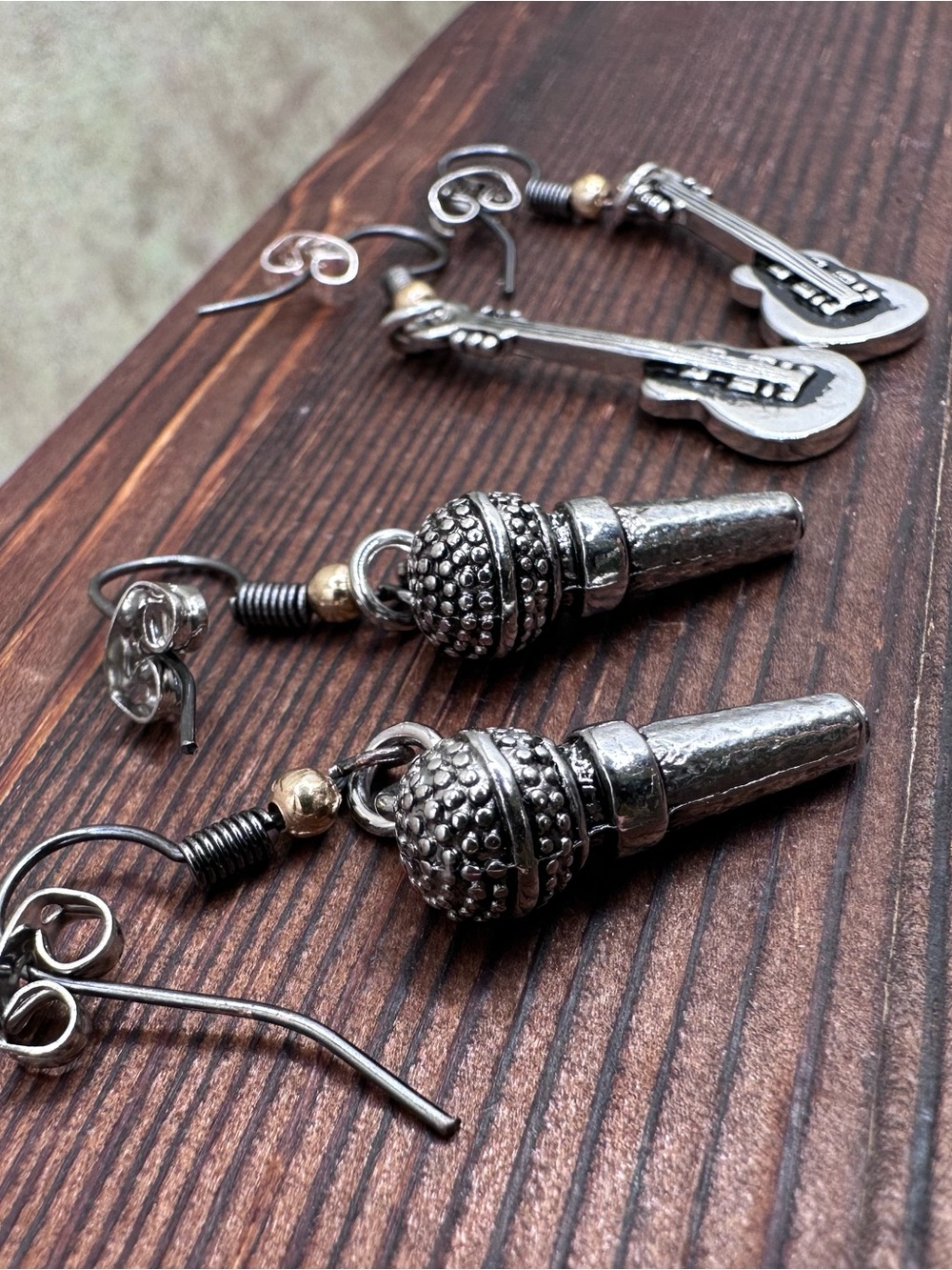 Set Sterling-Style Silver Microphone and Guitar Drop Earrings